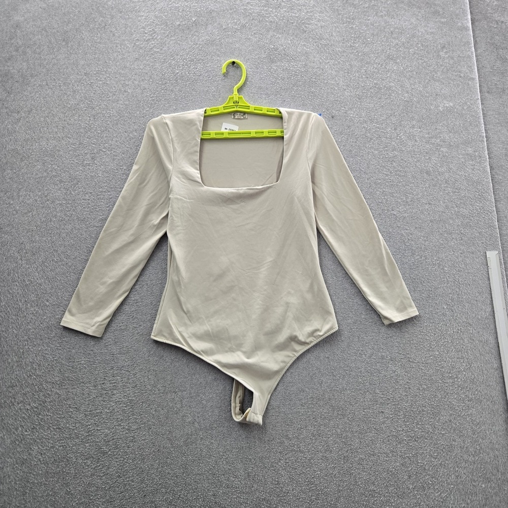 Free People Women Bodysuit MEDIUM Beige Nylon Spandex Snap Long Sleeve READ